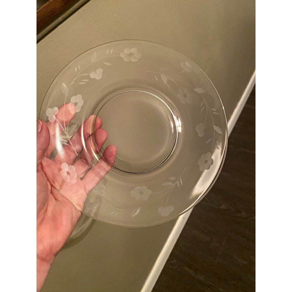 Set of 4 Princess House Vintage Glass Round Plates, Etched Floral Flower Pattern